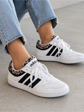 Adidas Hoops 3.0 Low Leopard Sneakers White Black Women’s 8.5